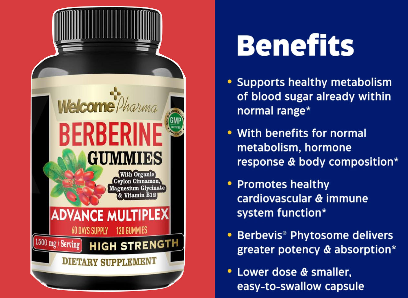 Welcome Pharma Berberine Gummies – High Strength, 120 Gummies (60 Day Supply)