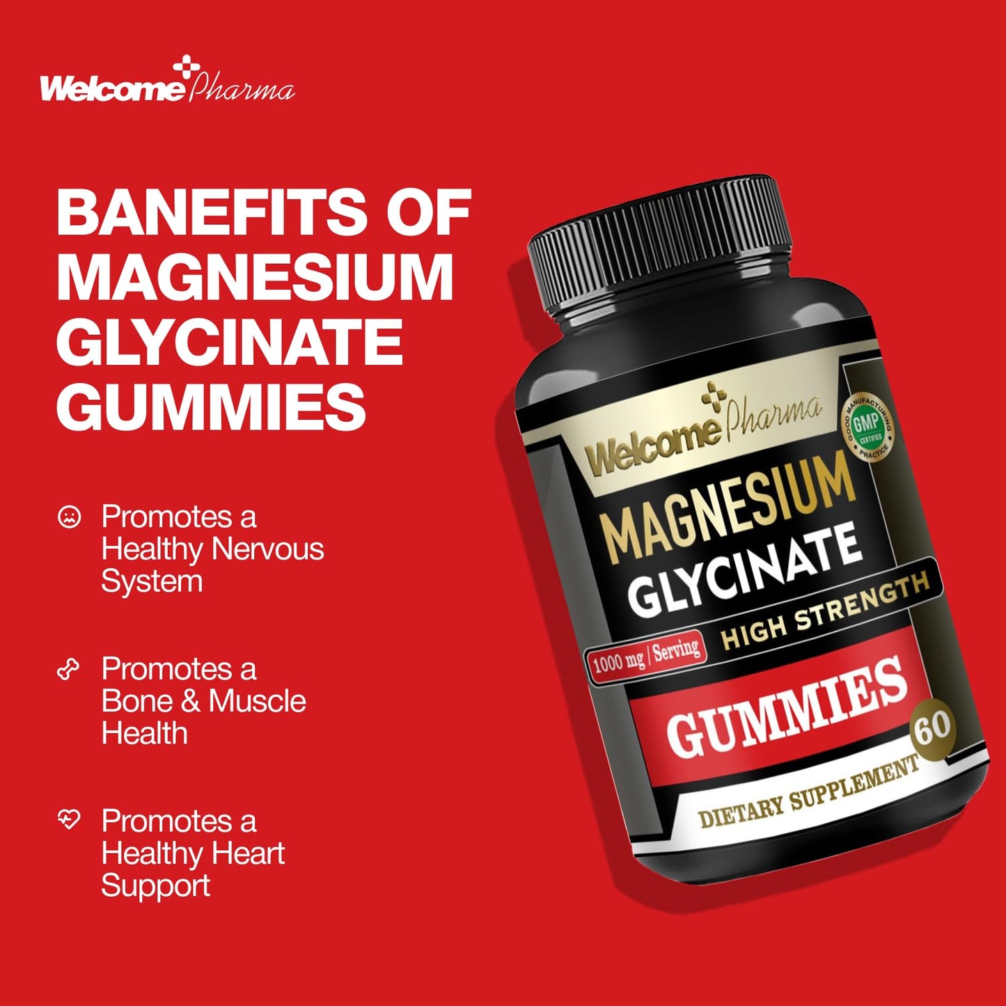 Welcome Pharma Sugar-Free Pure Magnesium Glycinate 60 Gummies — High Strength 1000mg