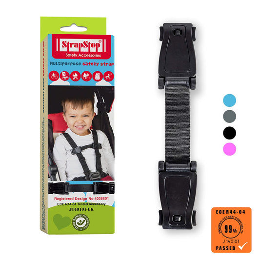 The Original STRAP STOP Anti Escape Car Seat Strap Crash Tested— UK Made, (Black)