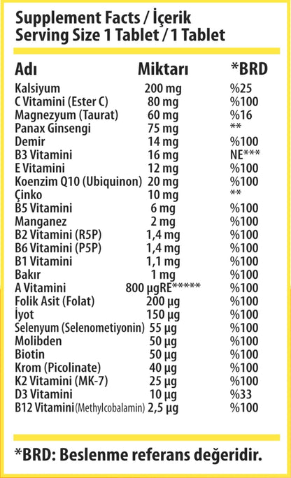 SWISS BORK Energy Supplement – A Synergistic Blend of Q10, Ginseng, K2.   30 Tablets