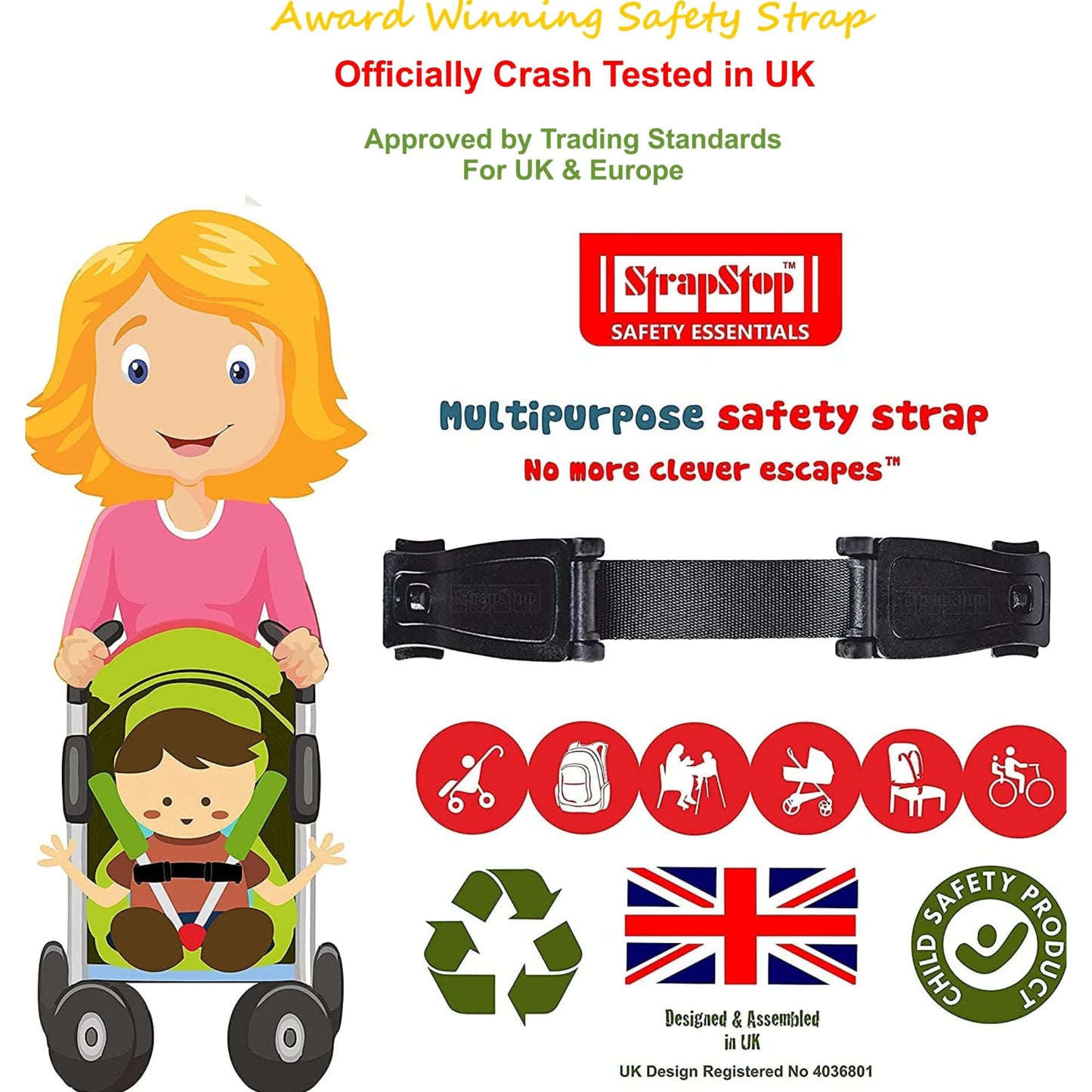 The Original STRAP STOP Anti Escape Car Seat Strap Crash Tested— UK Made, (Black)