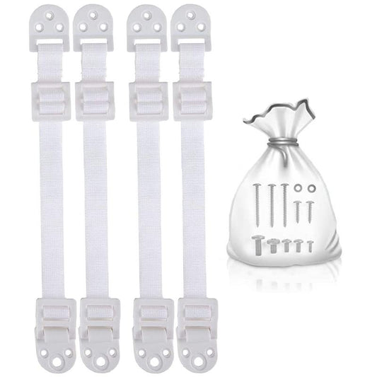Strap Stop Heavy Duty Plastic TV Safety Straps (Pack of 4) — Made in UK Anti Tip TV & Furniture Straps — Hold Off 400 lbs Load, Essential Hardware Included & Fit Most Flat Screen TVs (White)