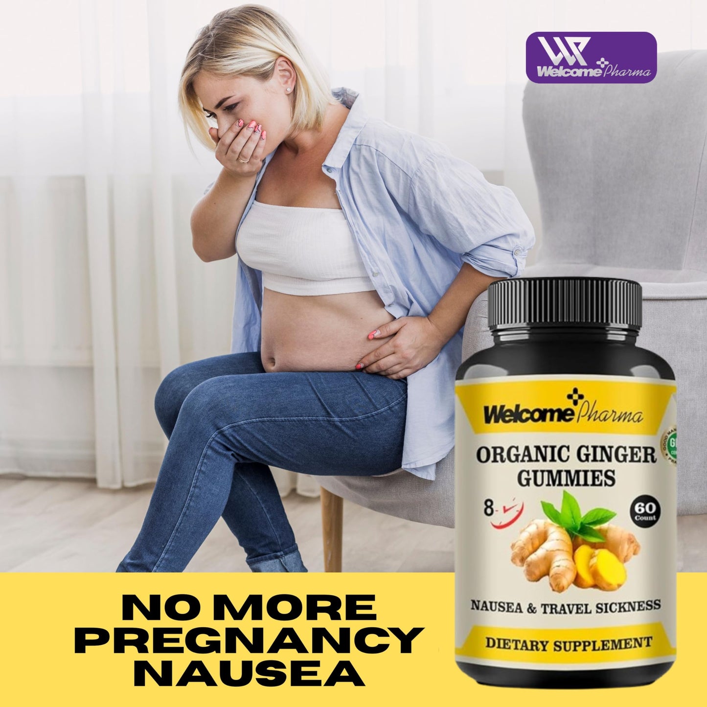 Welcome Pharma Sugar-Free Soothing Ginger 60 Gummies for Nausea & Travel Sickness Relief