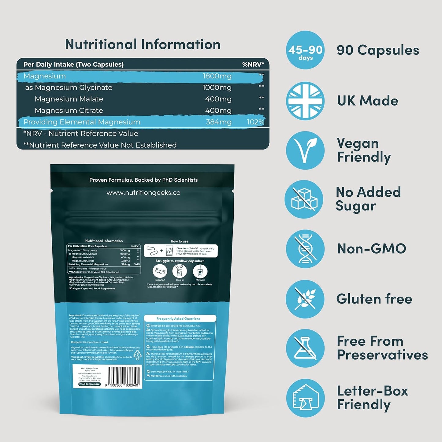 Magnesium Glycinate 3-in-1 Complex - 1800mg Supplements as Bisglycinate, Citrate & Malate 90 Vegan Capsules, Triple High Absorption 384mg Elemental, UK...