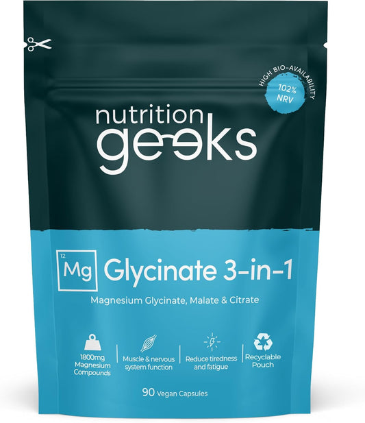 Magnesium Glycinate 3-in-1 Complex - 1800mg Supplements as Bisglycinate, Citrate & Malate 90 Vegan Capsules, Triple High Absorption 384mg Elemental, UK...