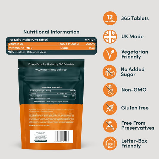 Vitamin D3 4000 iu & Vitamin K2 MK7 100μg - 1 Year Supply, 365 Easy-Swallow Vitamin D3 K2 Tablets, 1-A-Day High Strength Vegetarian D3 and K2 Vitamin Supplements, UK Made Vitamin D Tablets