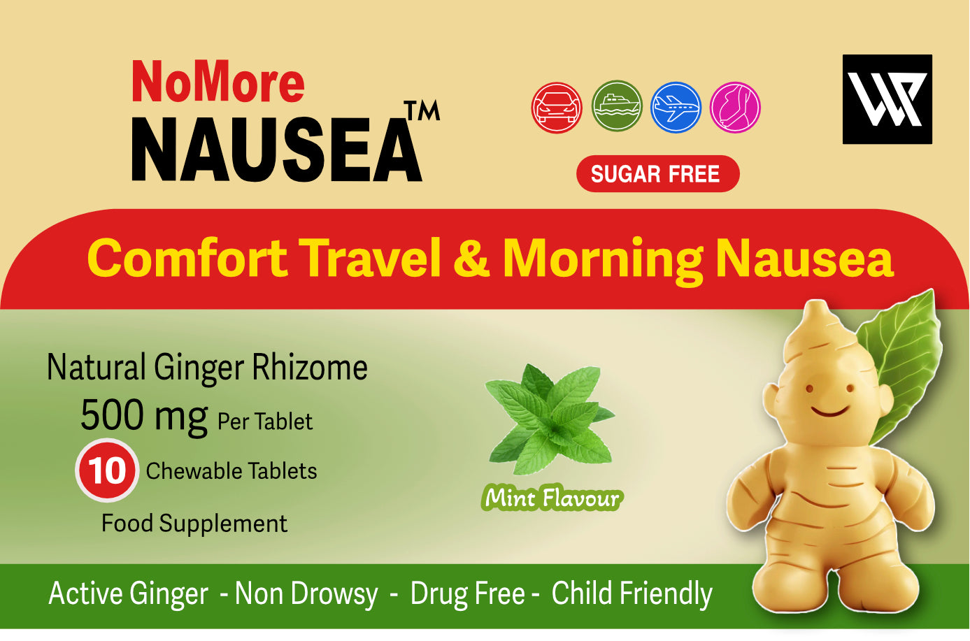 NoMore Nausea™ Ginger Chewable Tablets Mint Flavour Pack (10)