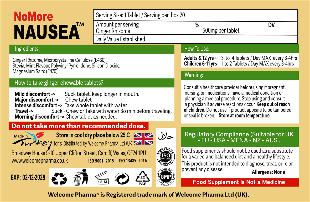 NoMore Nausea™ Ginger Chewable Tablets Mint Flavour Family Pack (20)