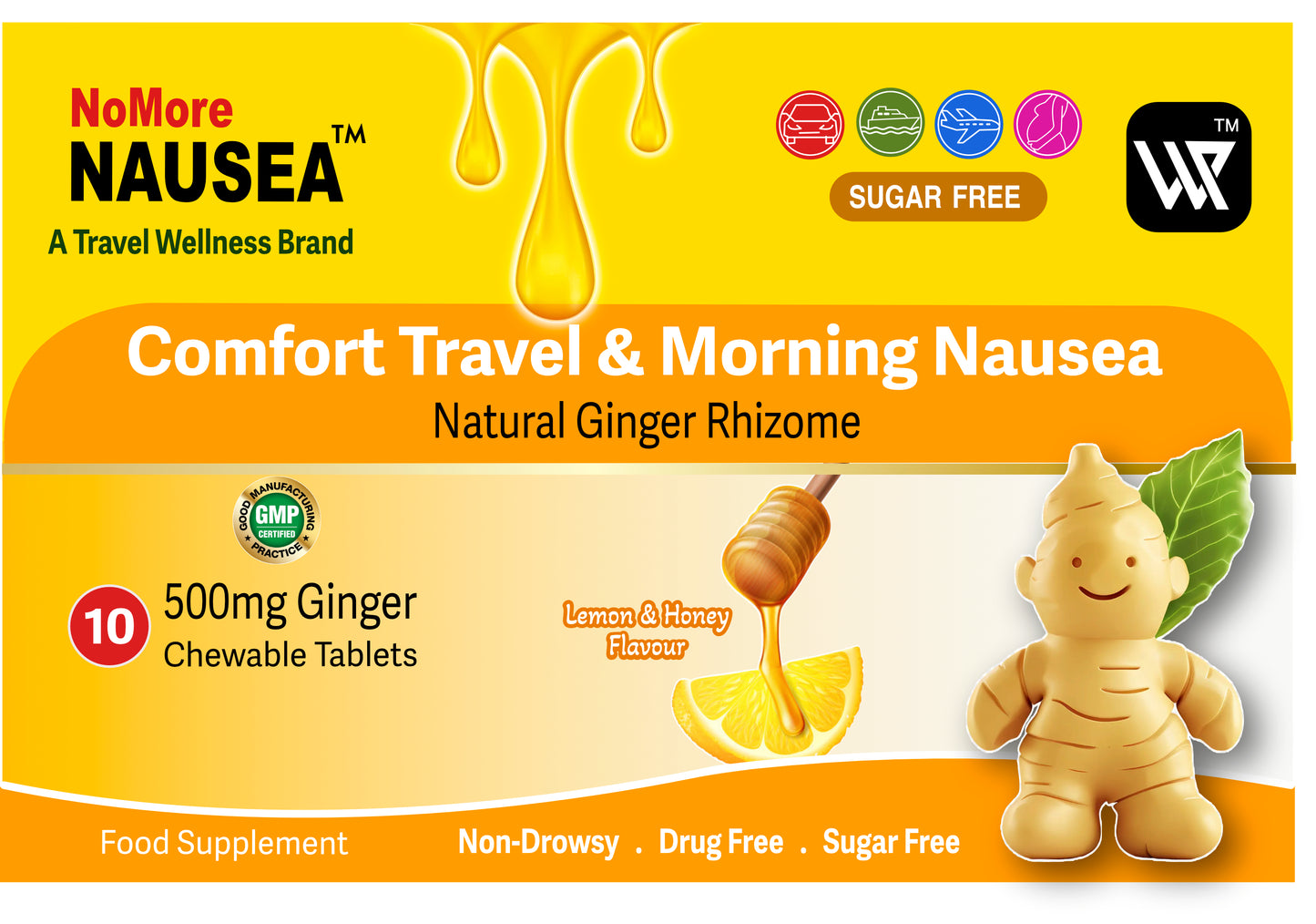 NoMore Nausea™ Ginger Chewable Tablets Honey & Lemon Pack (10)
