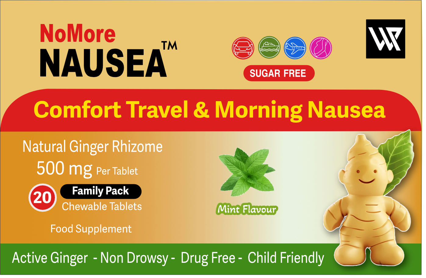 NoMore Nausea™ Ginger Chewable Tablets Mint Flavour Family Pack (20)