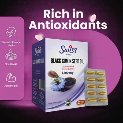 Organic Black Seed Oil Capsules — 1200mg Cold-Pressed Virgin Oil, (60 Days)