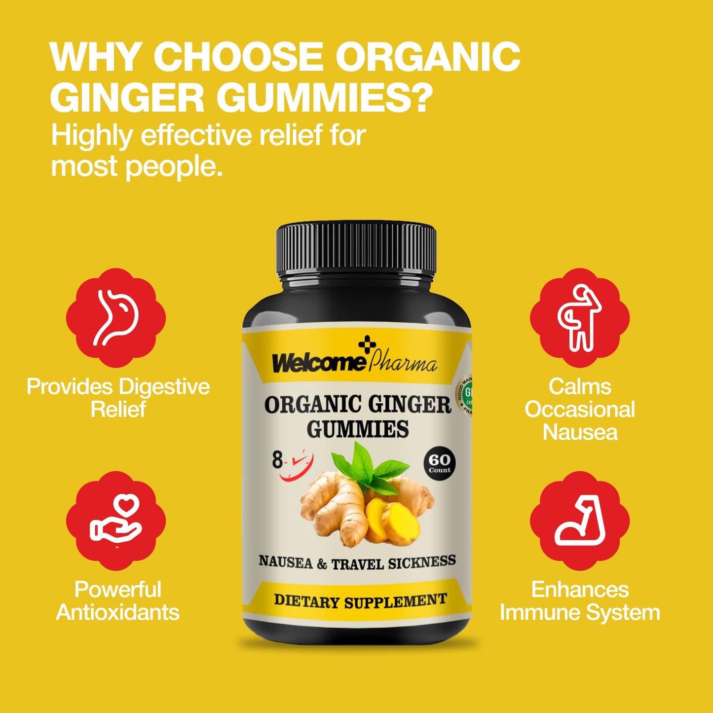 Welcome Pharma Sugar-Free Soothing Ginger 60 Gummies for Nausea & Travel Sickness Relief