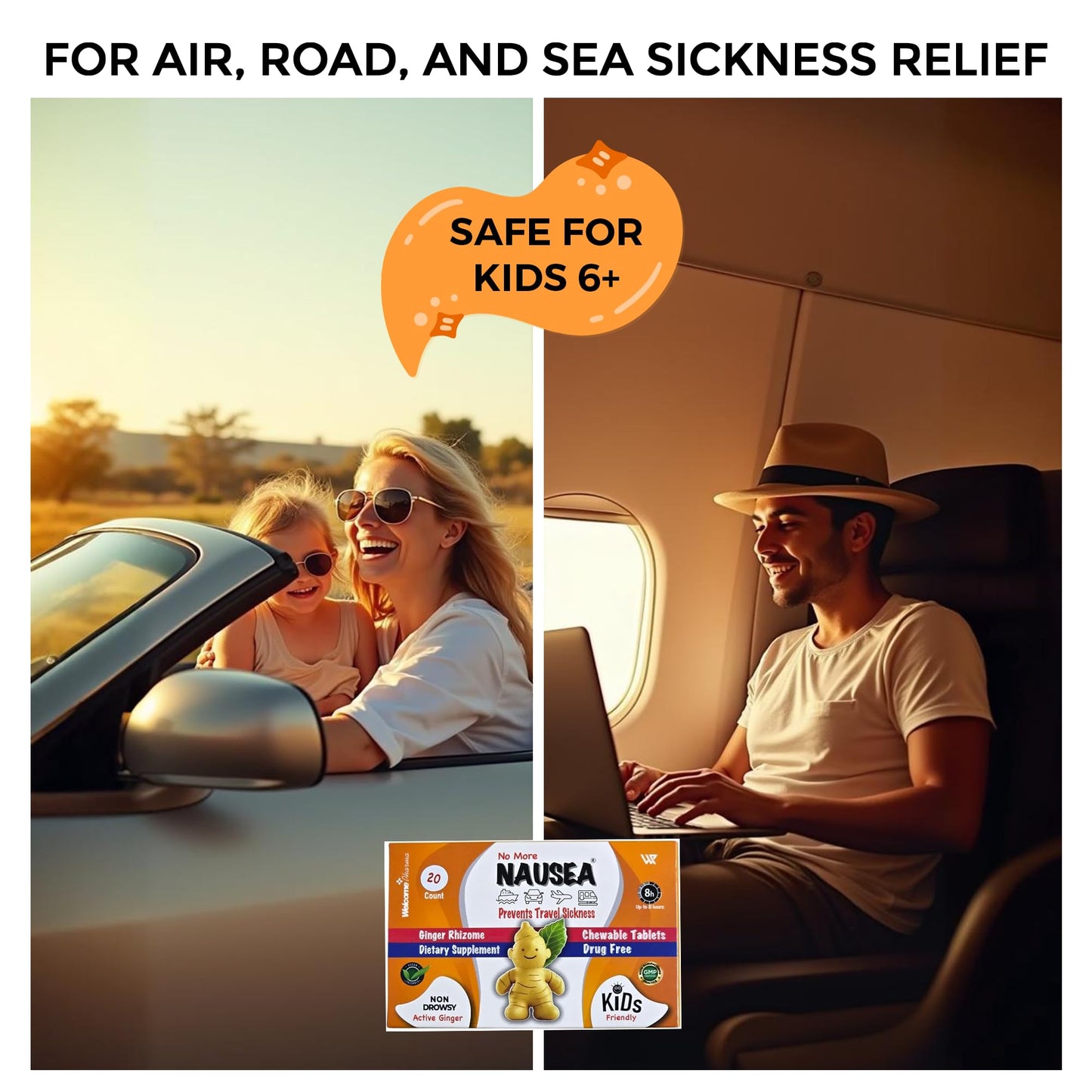 Travel Sickness Tablets — Ginger Tablets for Nausea Relief, Morning Sickness & More — Chewable Motion Sickness Tablet for Kids and Adults (20PCS)
