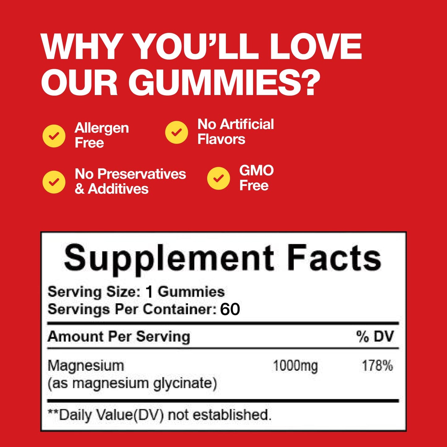Welcome Pharma Sugar-Free Pure Magnesium Glycinate 60 Gummies — High Strength 1000mg