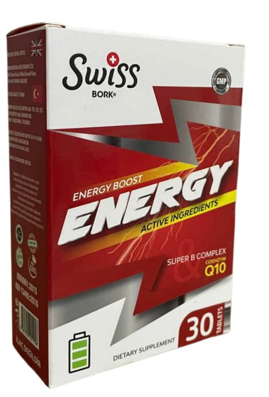 SWISS BORK Energy Supplement – A Synergistic Blend of Q10, Ginseng, K2.   30 Tablets