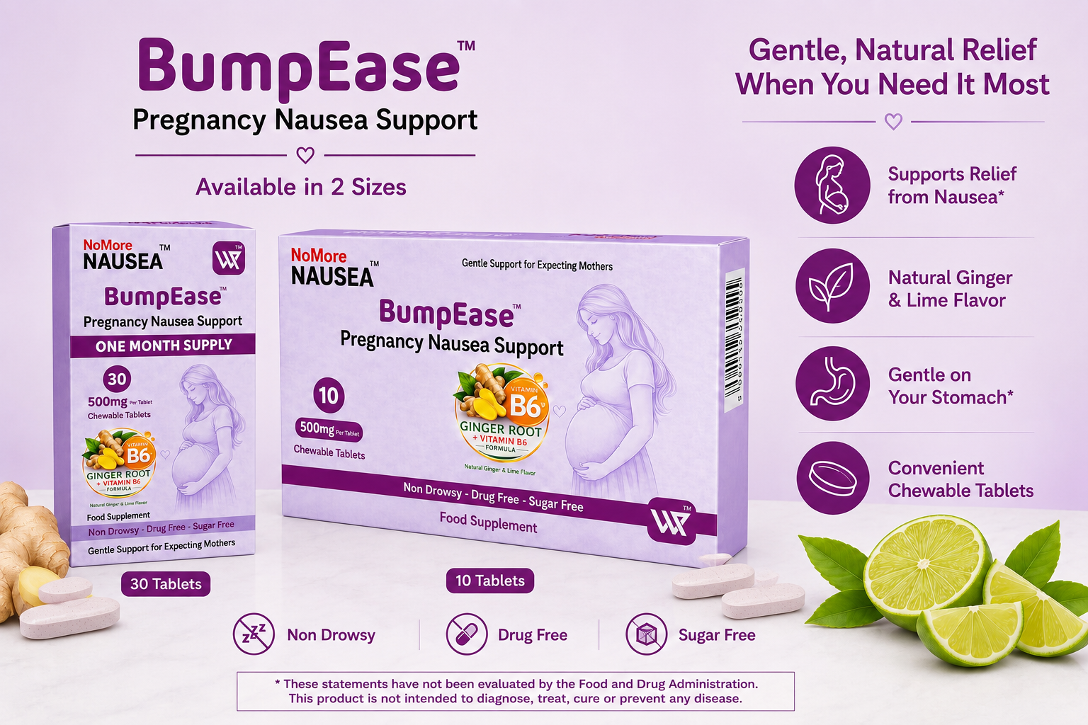 BumpEase™ Pregnancy Nausea Support Chewable Tablets 30s (ONE MONTH SUPPLY)