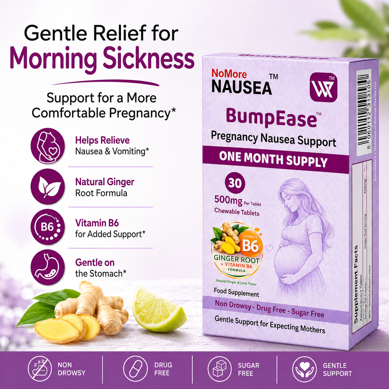 BumpEase™ Pregnancy Nausea Support Chewable Tablets 30s (ONE MONTH SUPPLY)